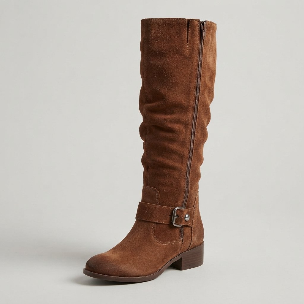 Women's slouch knee-high boots with low block heel and buckle strap