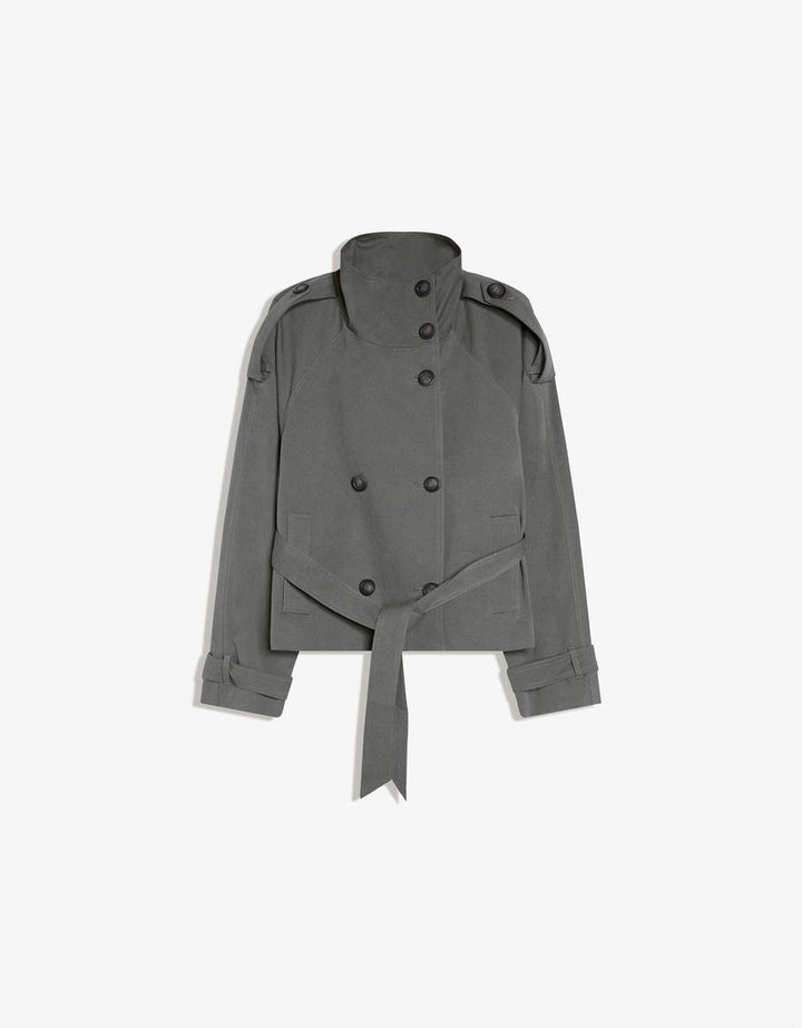 Women's cropped double-breasted trench coat with wide lapels, belt and long sleeves