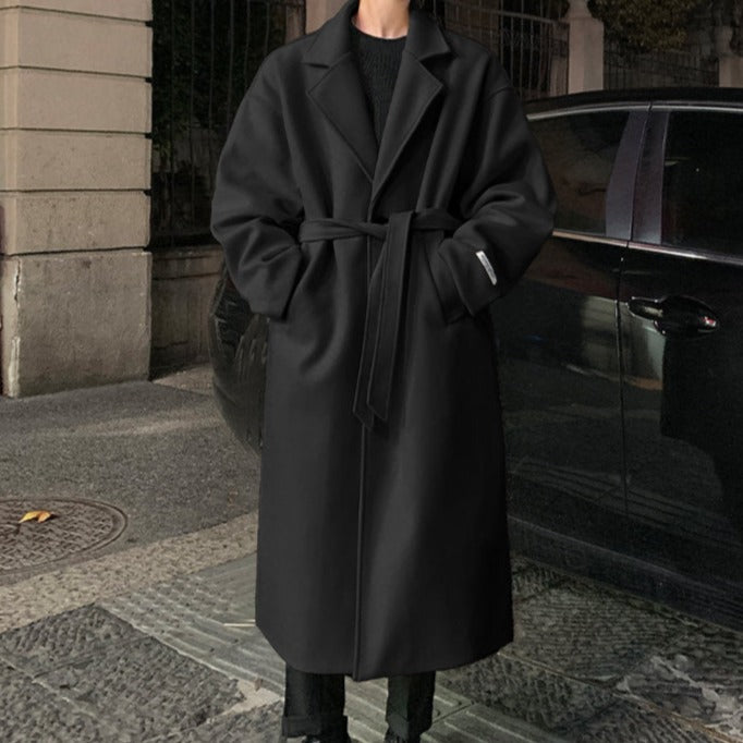 Long belted overcoat with notched lapels and side pockets