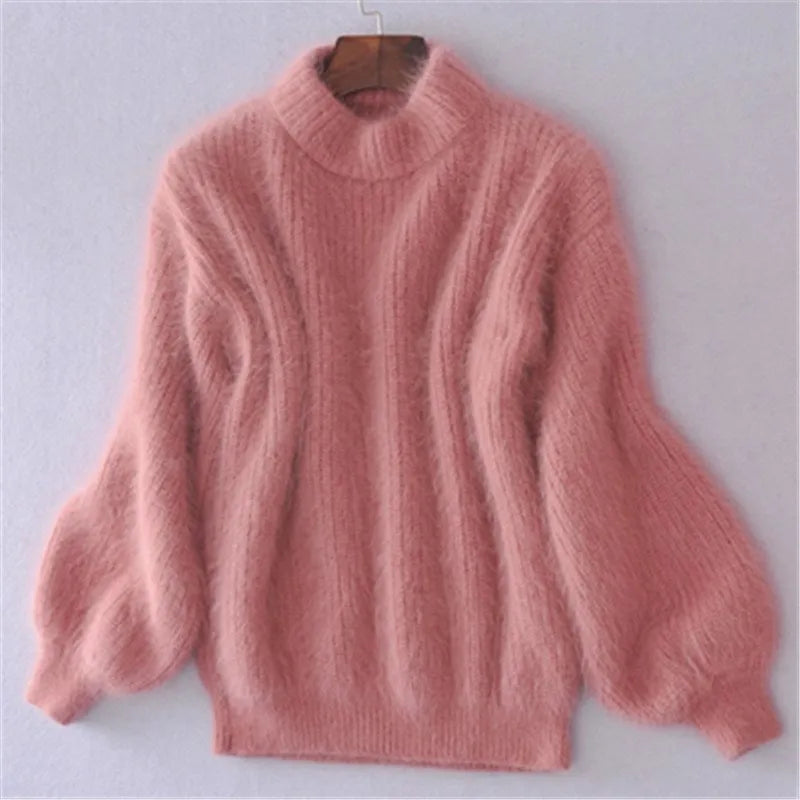 Women's long-sleeve mock neck sweater with ribbed trims