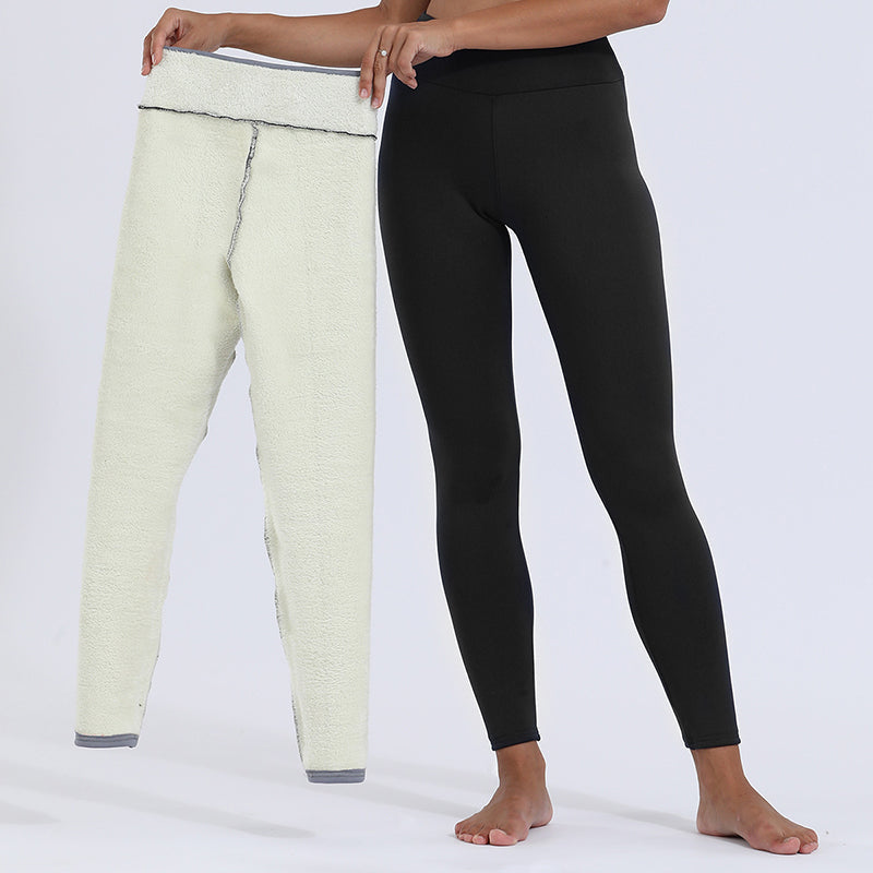 Women's high-rise fleece-lined leggings shown with plush lining and ankle-length legs