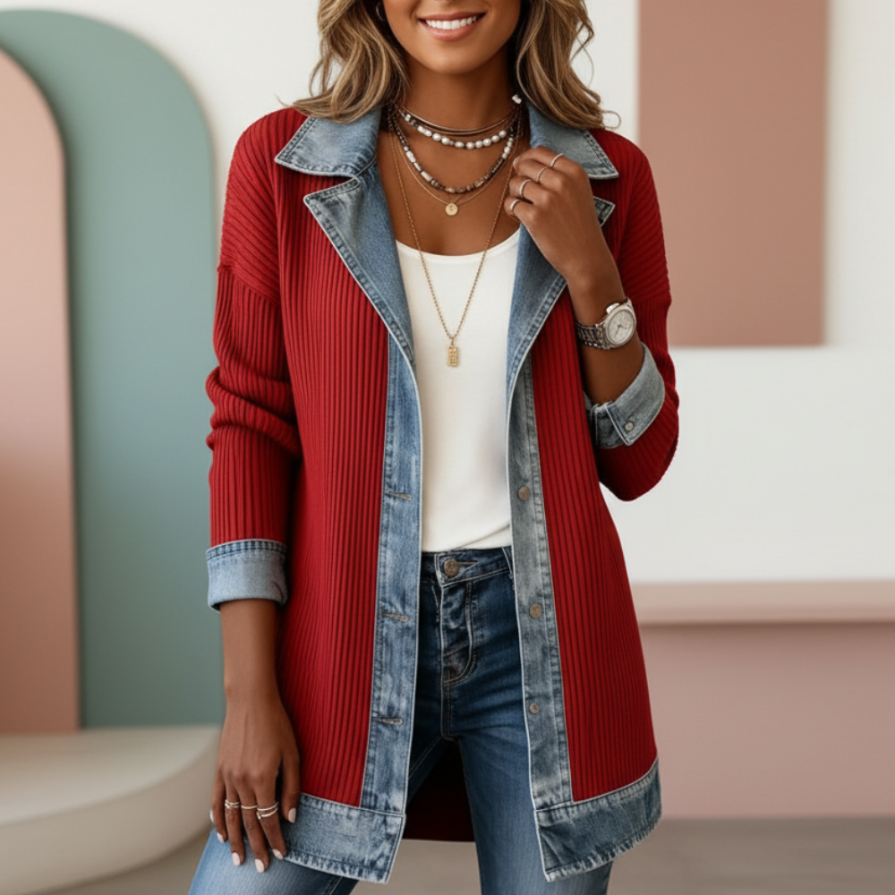 Women's longline patchwork cardigan with denim-style collar, trim and button front