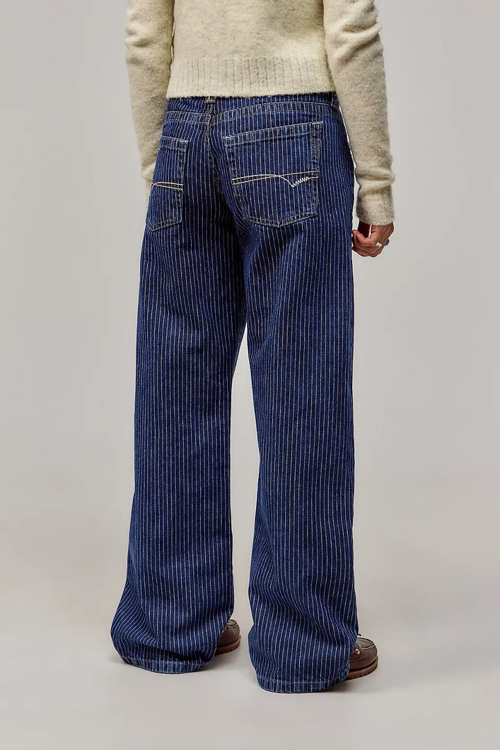 Women's wide-leg pinstripe jeans with mid-rise waist and front pockets