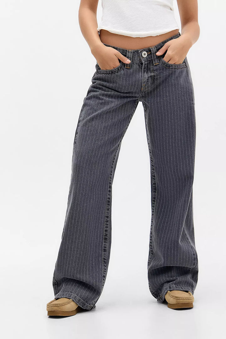 Women's wide-leg pinstripe jeans with mid-rise waist and front pockets
