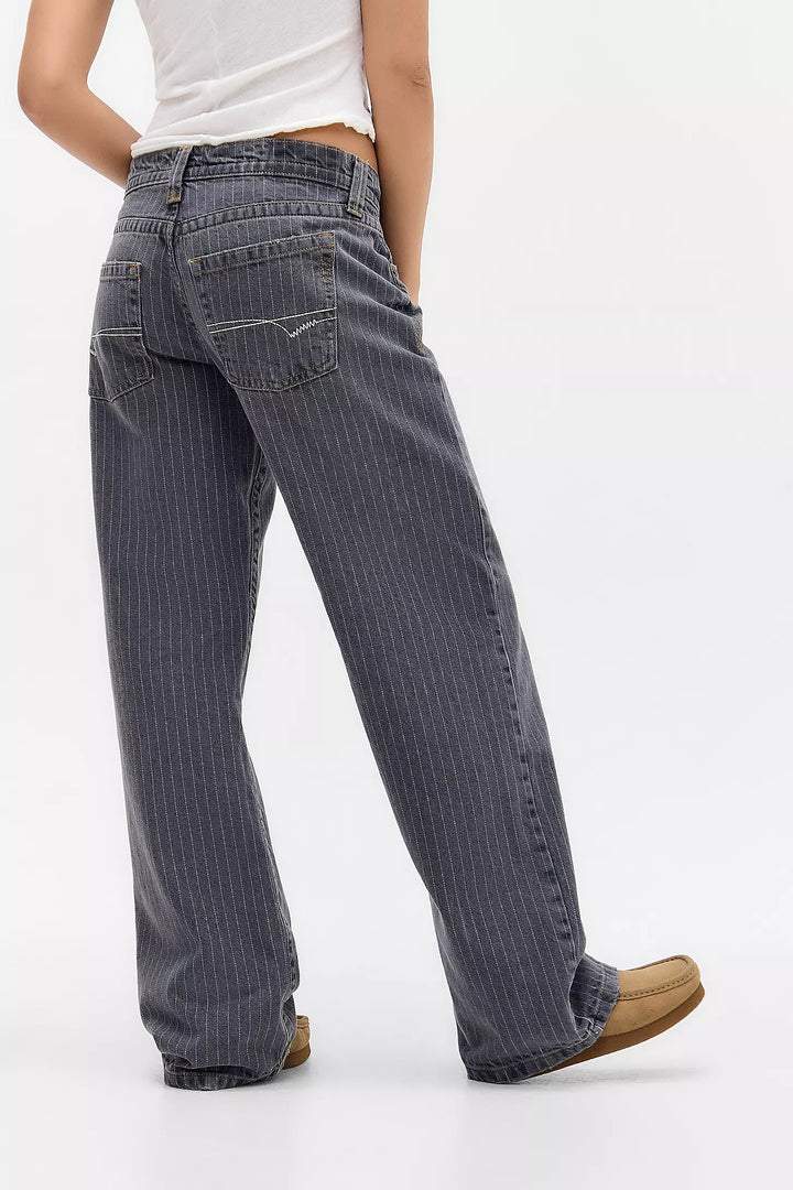 Women's wide-leg pinstripe jeans with mid-rise waist and front pockets