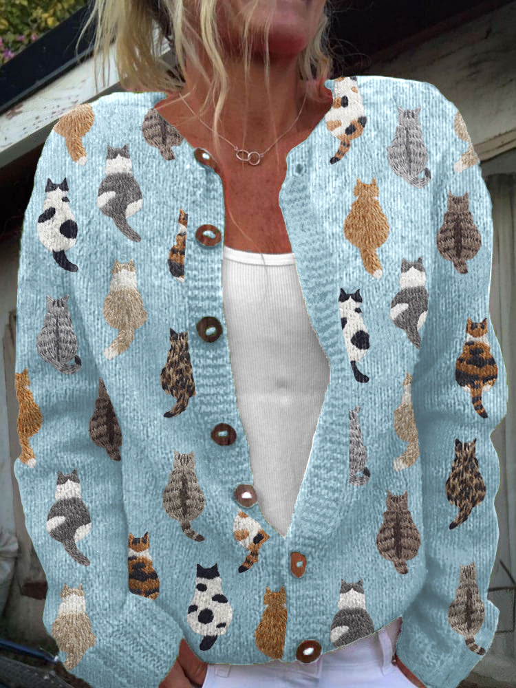 Women's cat print knit cardigan with button front and long sleeves