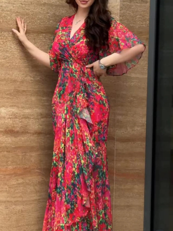 Women’s Dress | Retro-Inspired V-Neck Flowy Maxi