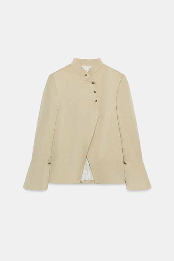 Women's cropped jacket with mandarin collar, long sleeves and flared cuffs