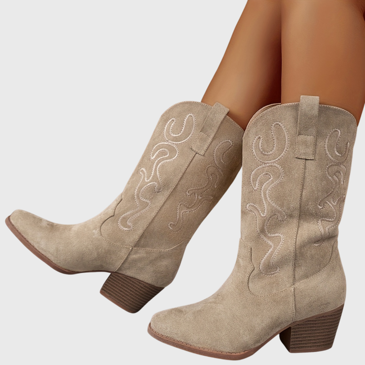 Women's western boots with embroidered mid-calf shafts, pointed toes and block heels