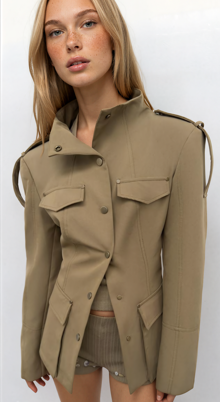Women's khaki military jacket with stand collar and flap pockets