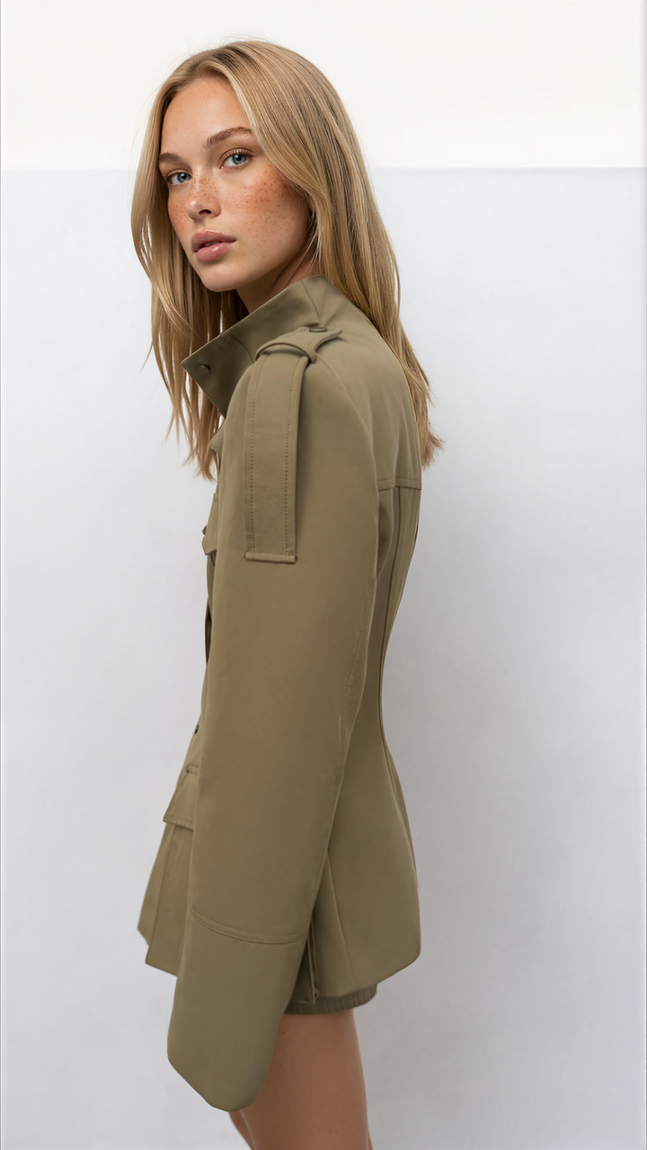 Women's khaki military jacket with stand collar and flap pockets