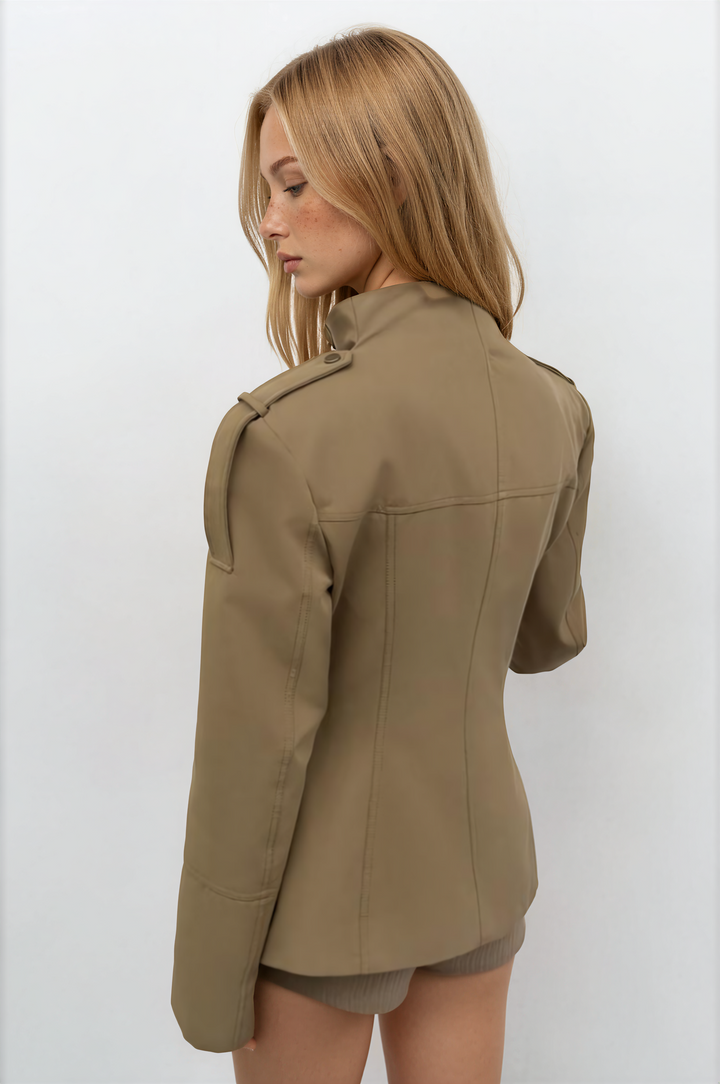 Women's khaki military jacket with stand collar and flap pockets