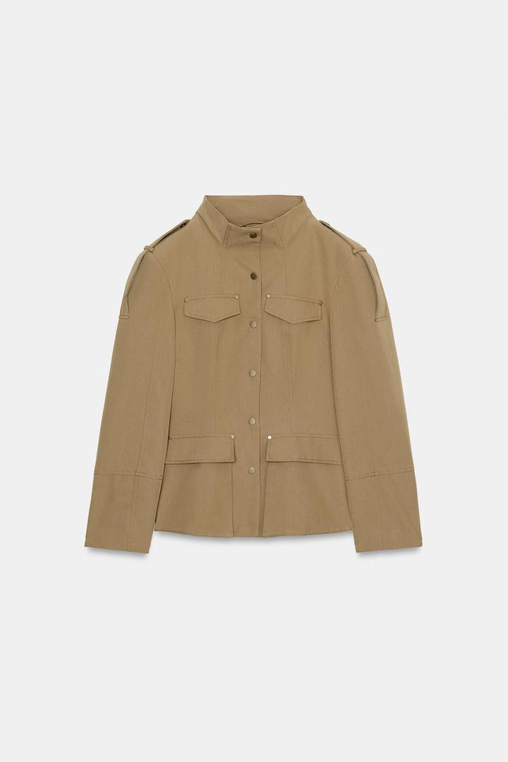 Women's khaki military jacket with stand collar and flap pockets