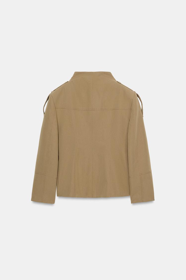 Women's khaki military jacket with stand collar and flap pockets