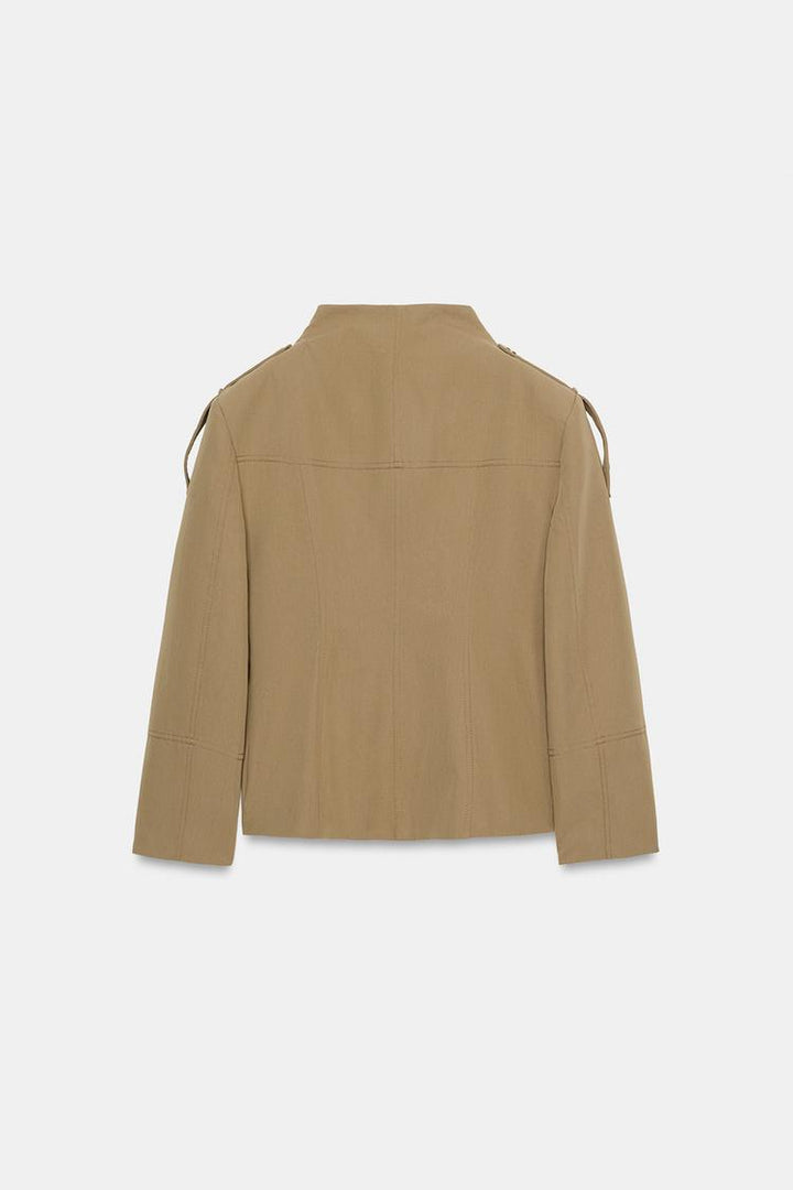 Women's khaki military jacket with stand collar and flap pockets