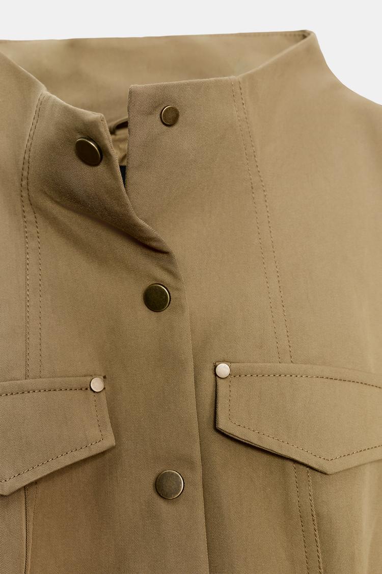 Women's khaki military jacket with stand collar and flap pockets