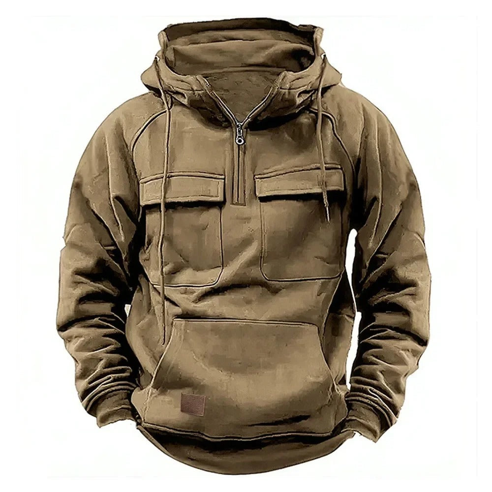 Unisex solid utility hoodie with hood, front zipper and multiple pockets