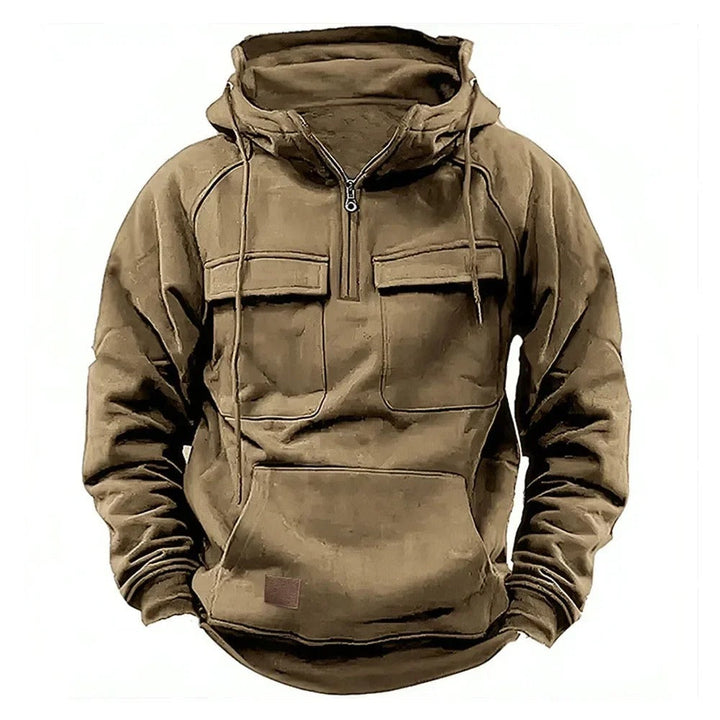 Unisex solid utility hoodie with hood, front zipper and multiple pockets