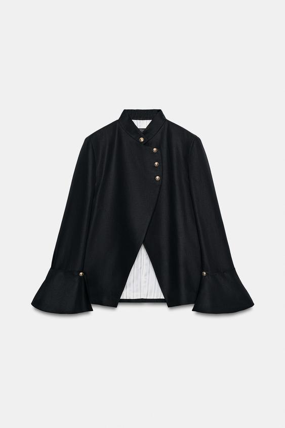 Women's cropped jacket with mandarin collar, long sleeves and flared cuffs