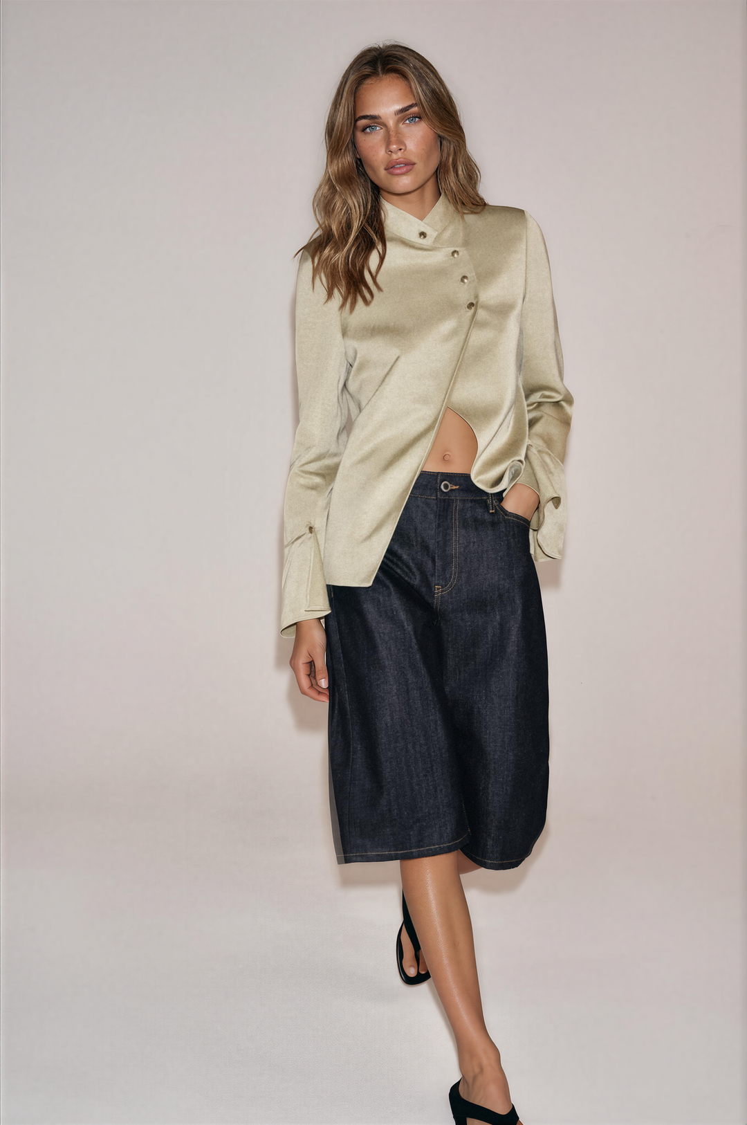 Women's cropped jacket with mandarin collar, long sleeves and flared cuffs