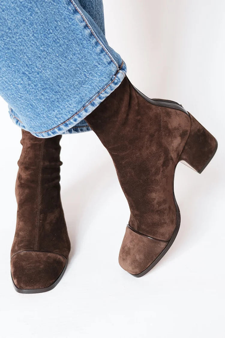Women's dark brown square-toe ankle boots with ruched shafts and chunky block heels