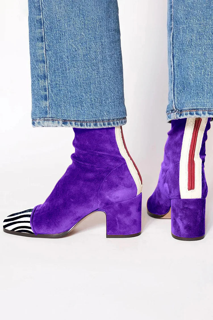 Purple ankle boots with zebra print square toes and chunky block heels