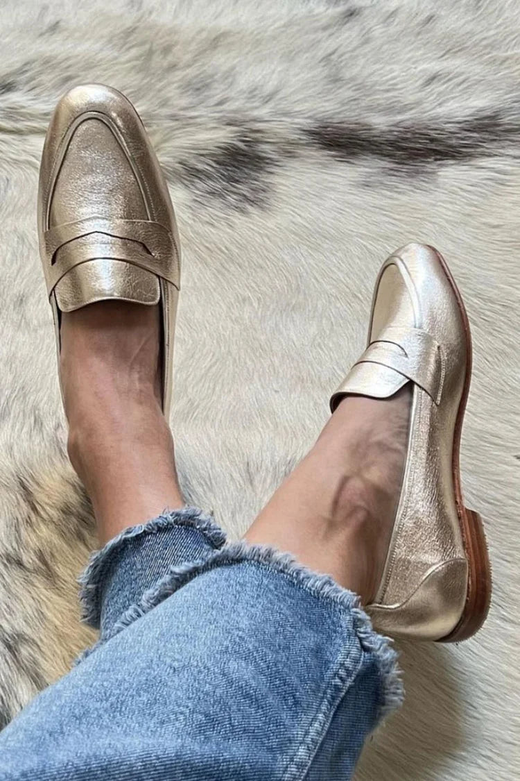 Women's gold round toe loafers with layered vamp detail