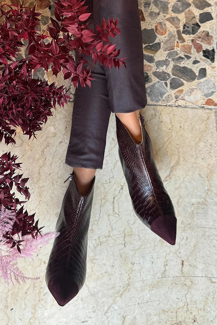 Women's burgundy crocodile print pointed toe ankle boots with low block heels