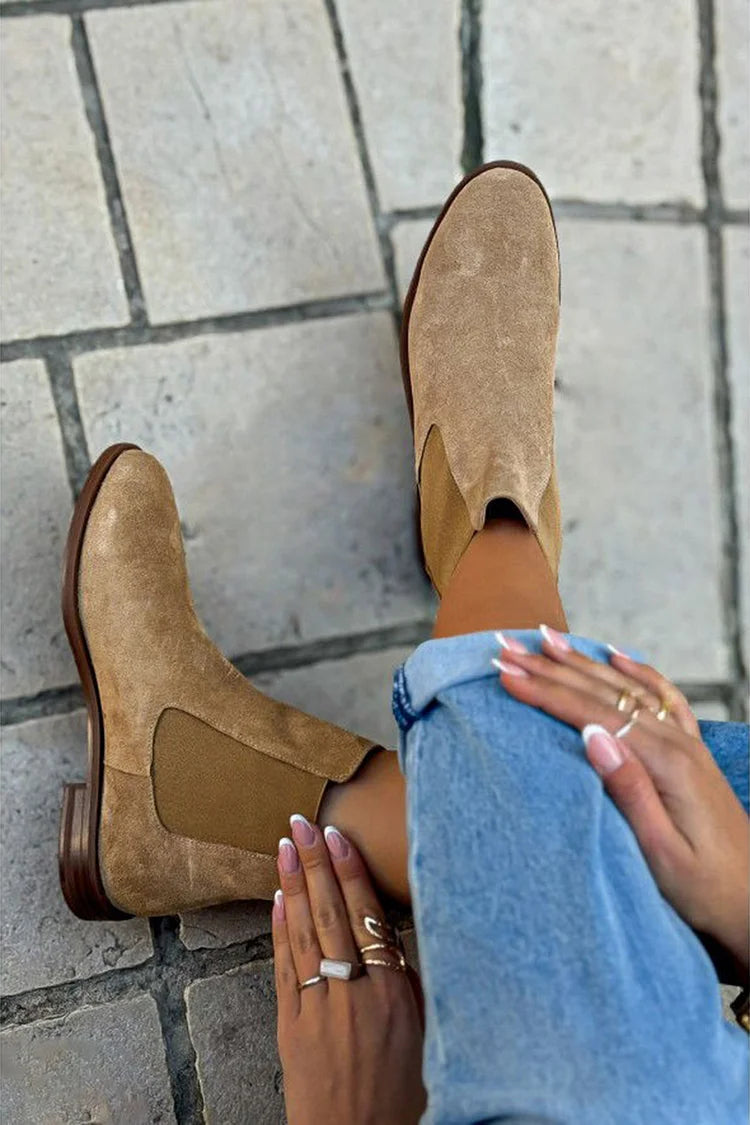 Women's khaki Chelsea ankle boots with rounded toes and elastic side panels