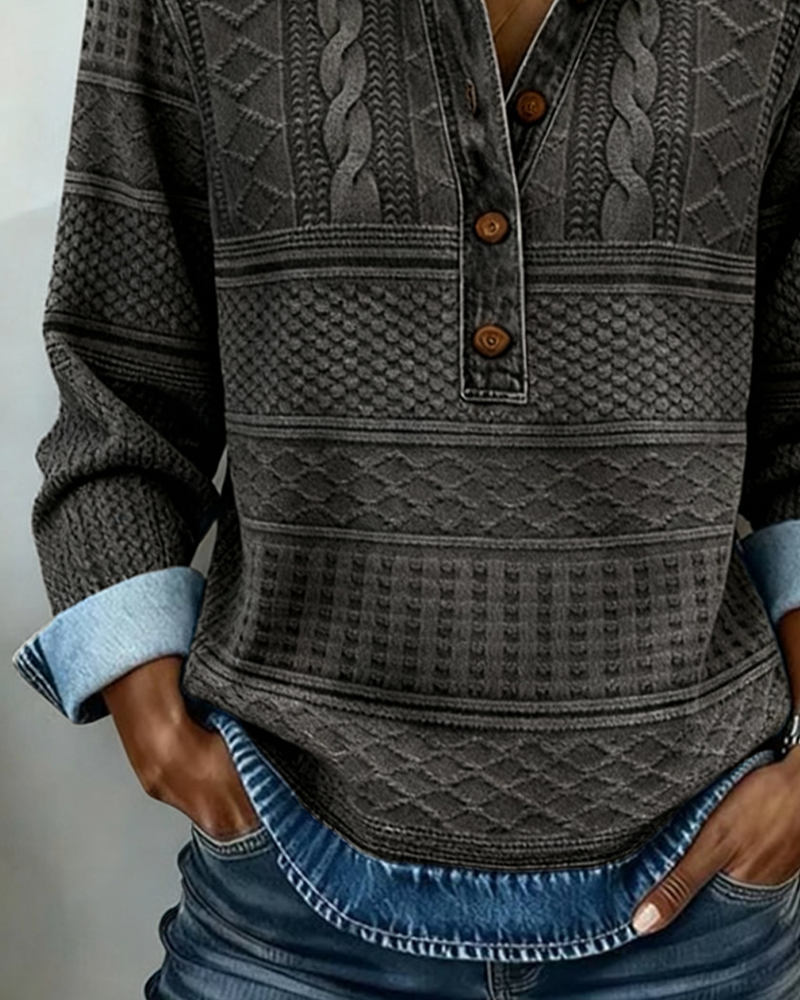 Women's textured collared sweatshirt with button placket and long sleeves