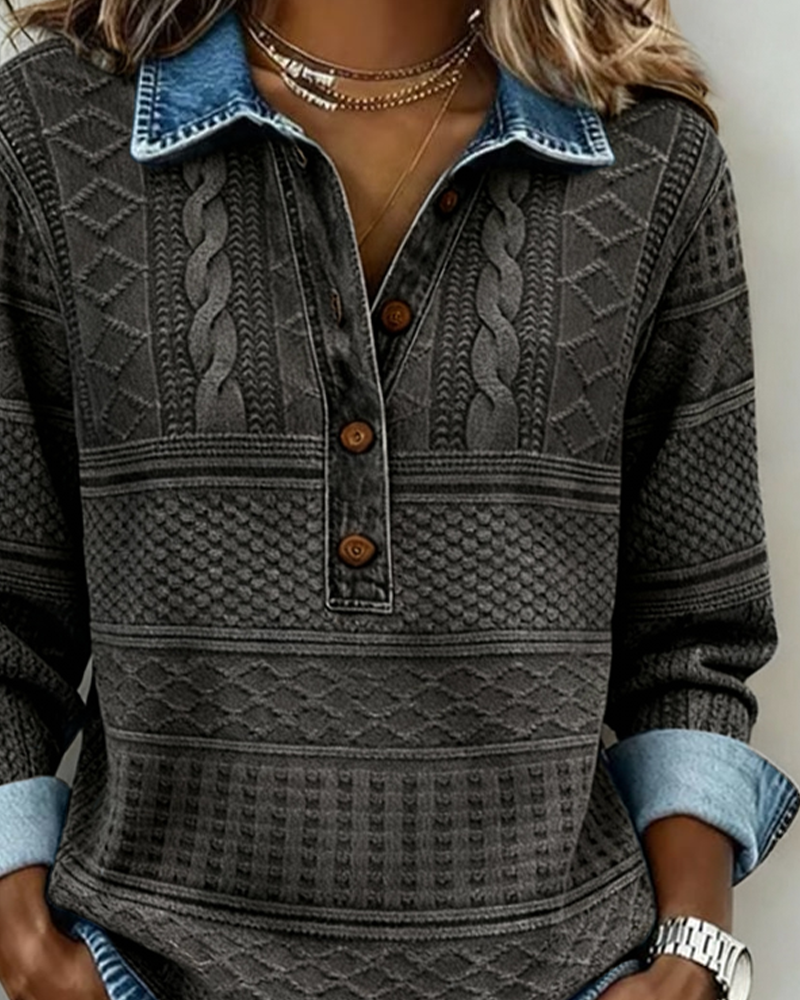 Women's textured collared sweatshirt with button placket and long sleeves