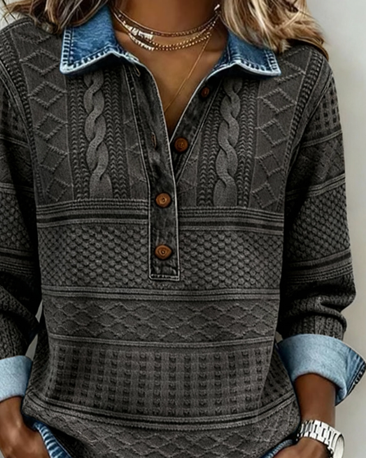 Women's textured collared sweatshirt with button placket and long sleeves