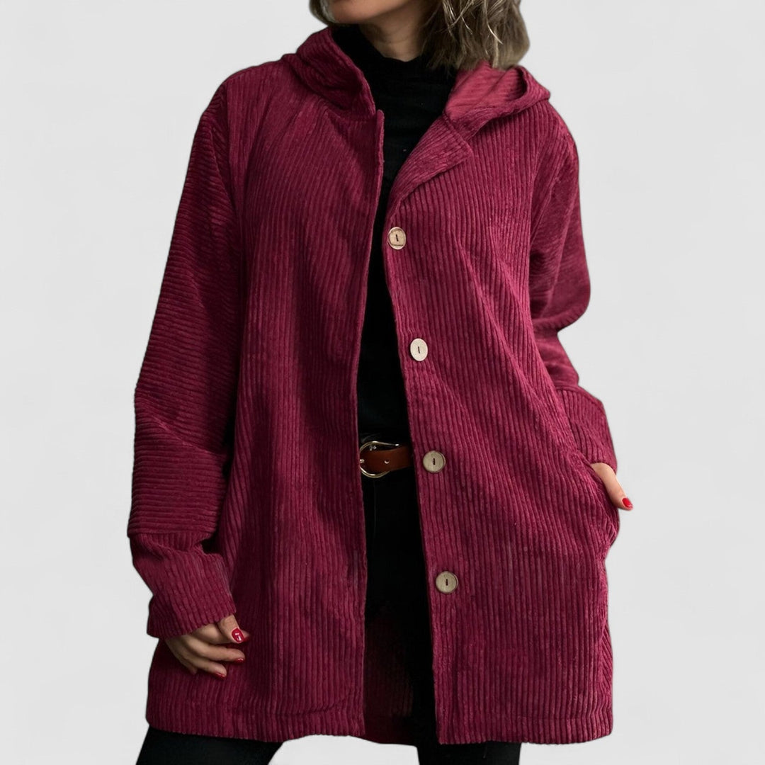 Women's hooded ribbed longline jacket with button front and angled pockets