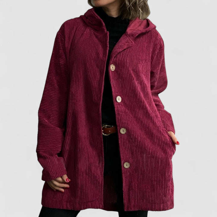Women's hooded ribbed longline jacket with button front and angled pockets