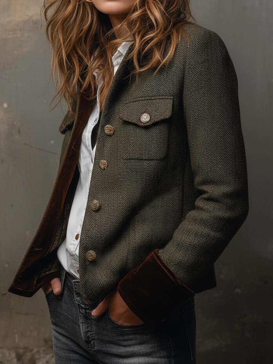 Women's green herringbone blazer with brown contrast trim and button front