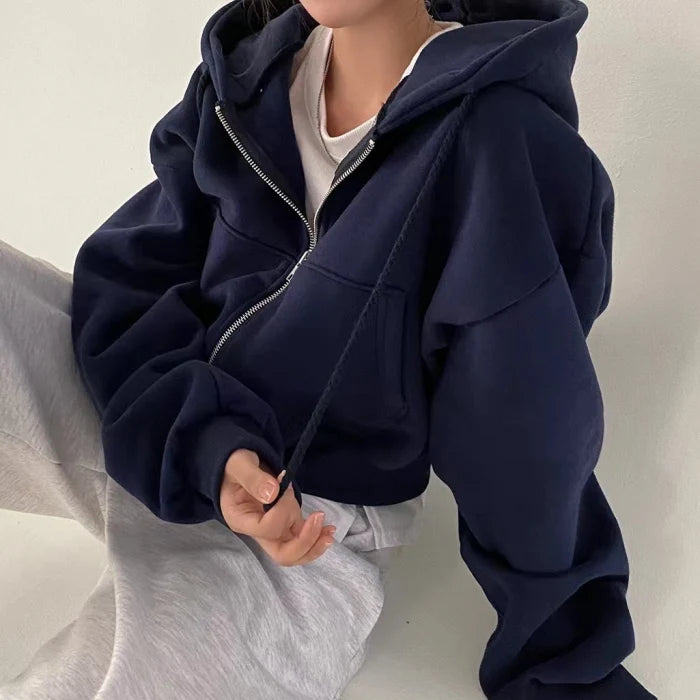 Women's oversized cropped zip-up hoodie with hood and long sleeves