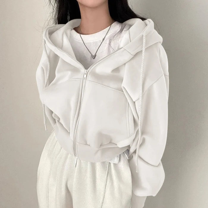 Women's oversized cropped zip-up hoodie with hood and long sleeves