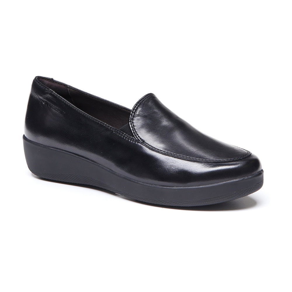 Women's black slip-on loafer with rounded toe and low wedge sole