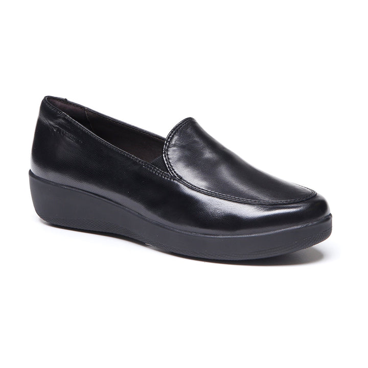 Women's black slip-on loafer with rounded toe and low wedge sole