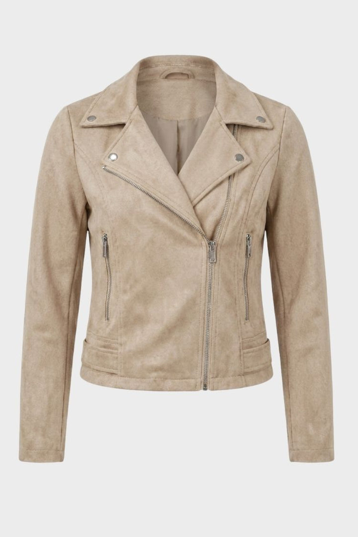 Women's cropped biker jacket with notched lapels, long sleeves and zip pockets
