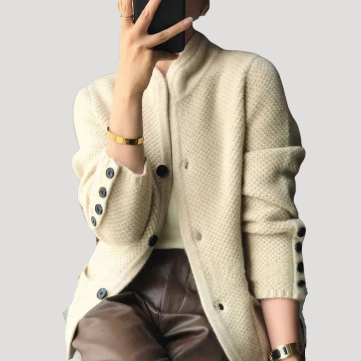 Women's textured knit button cardigan with mock neck, long sleeves and front pockets