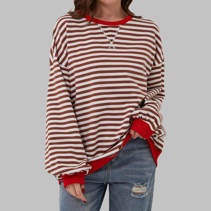 Women's striped crew neck sweatshirt with long sleeves and ribbed trims