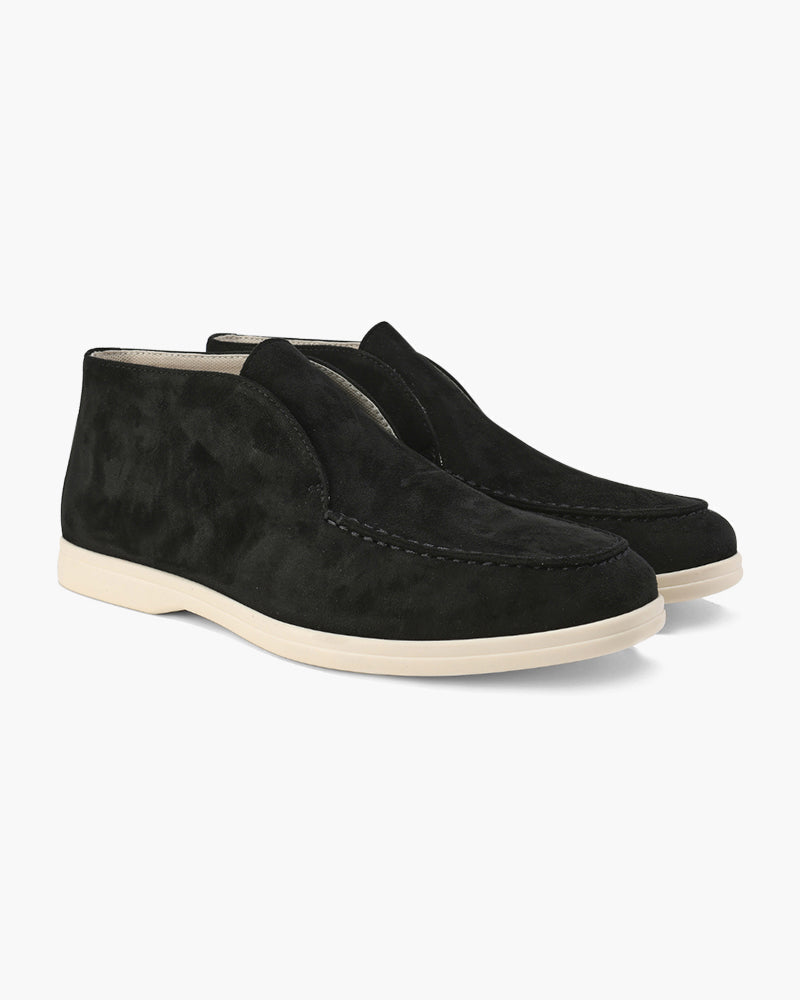High-top slip-on loafers with rounded moc toes and flat light-coloured soles