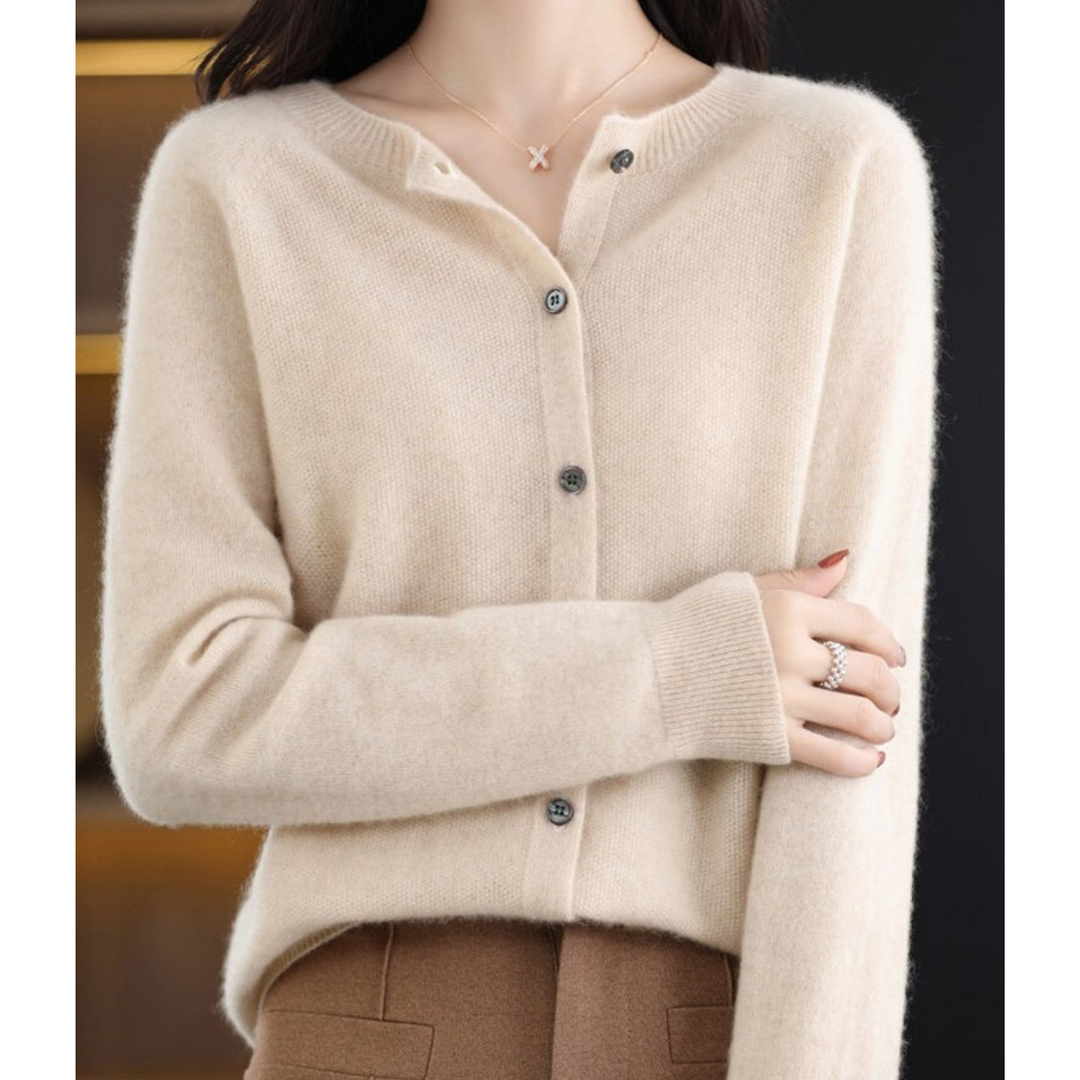 Women's plain crew neck button front cardigan with long sleeves