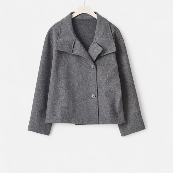 Women's short button-front coat with high collar and long sleeves