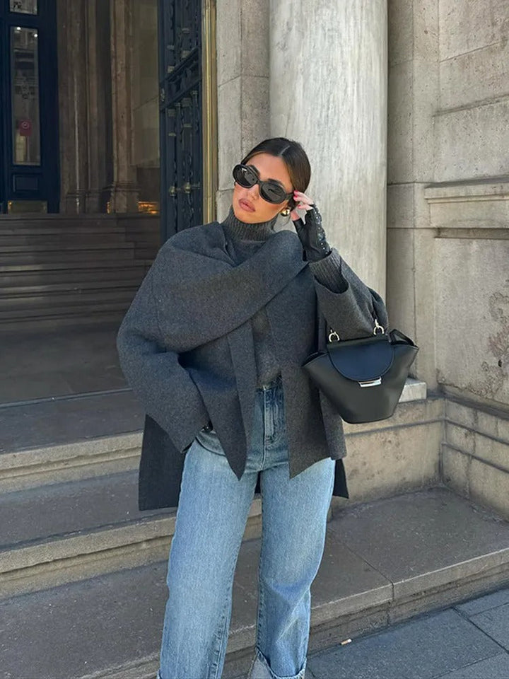 Women's hooded cape coat with draped collar and wide sleeves