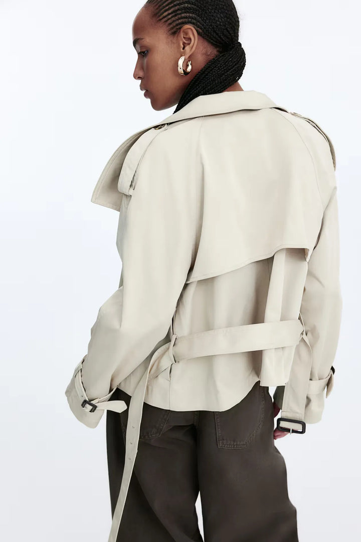 Women's short belted trench coat with high collar and long sleeves