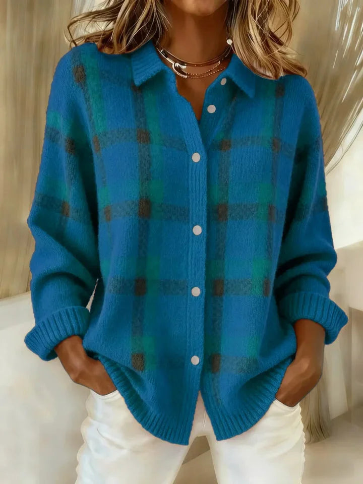 Women's checked button-front knit sweater with collared neckline and long sleeves