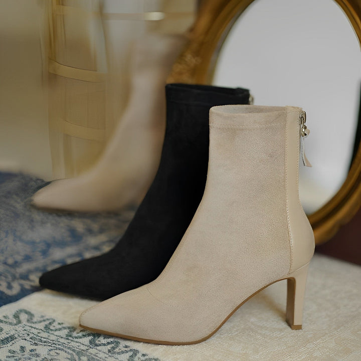 Women's pointed-toe ankle boots with high heels and side zips