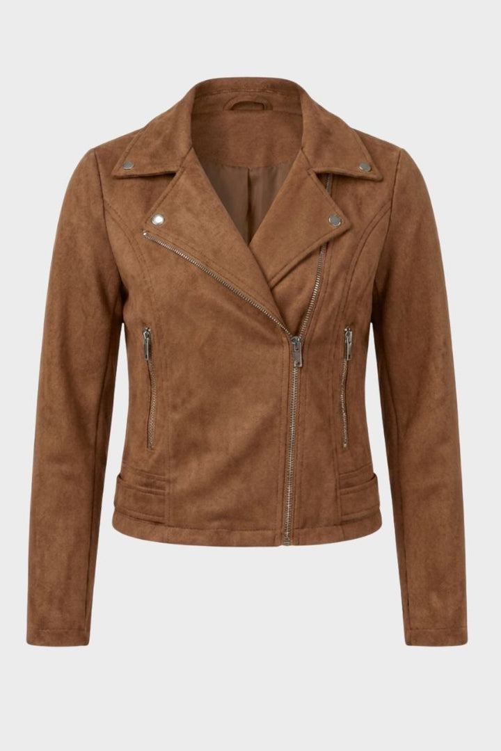 Women's cropped biker jacket with notched lapels, long sleeves and zip pockets